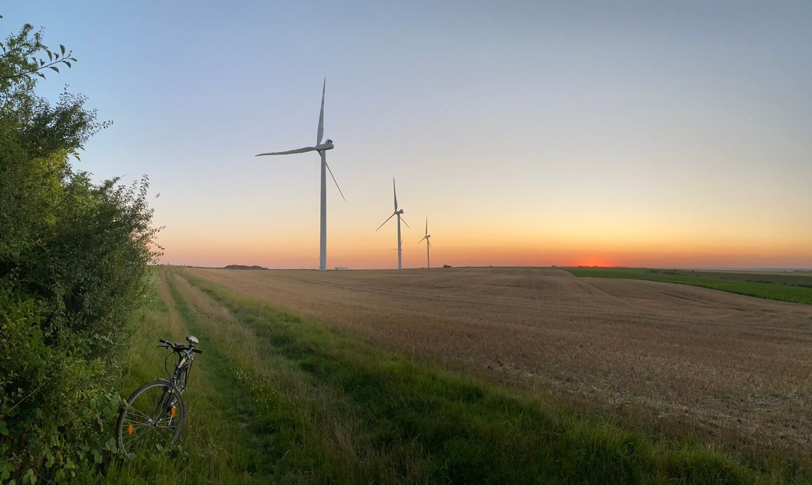 Campagne et éoliennes au coucher du soleil